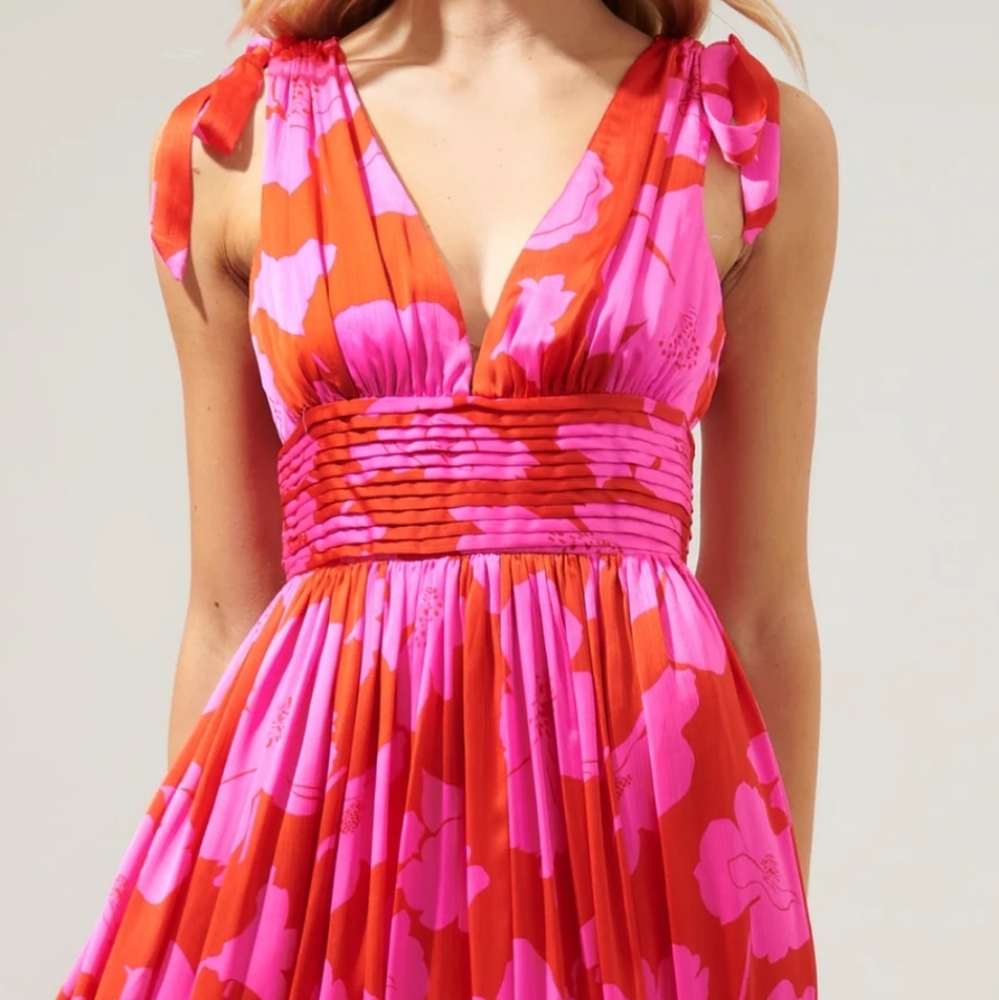 Floral Pink and Red Women's Dress-Caribbean Crush Descanso Pleated Maxi Dress
